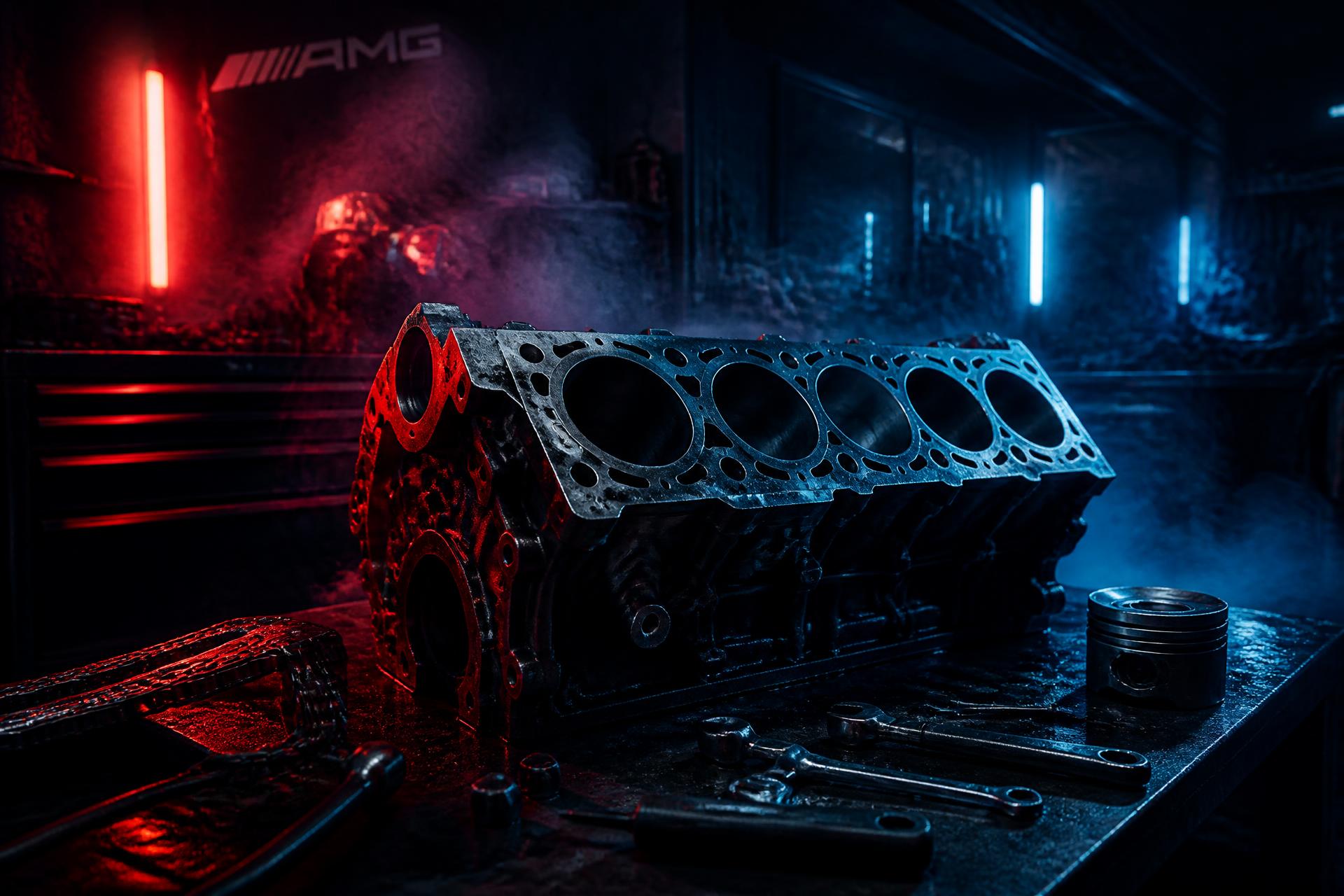 Taller mecánico profesional con bloque de motor y herramienta